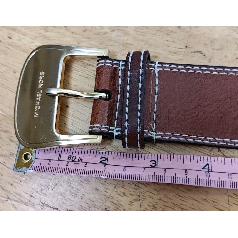 Michael Kors Brown Leather Belt Woman Med 31-34 Gold Buckle Preppy Western Boho - Picture 8 of 13